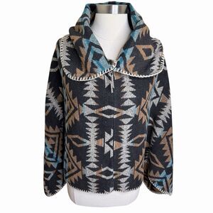 Southwestern Aztec Poncho Cape Jacket Blue Brown Geometric Shawl Wrap One Size